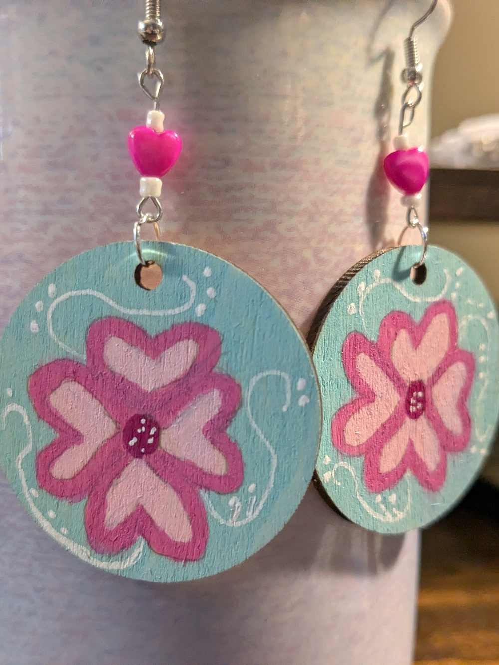 Hand-Painted Native American Heart Flowers Wooden Dangle Earrings